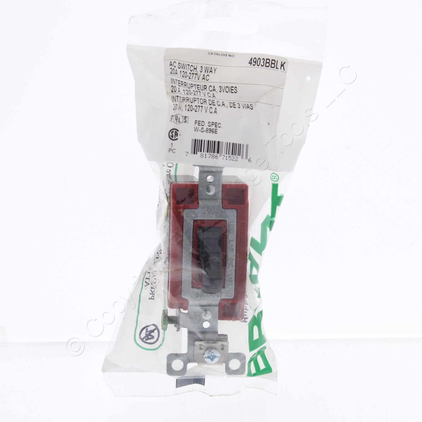 Bryant 4903BBLK Black Toggle Light Switch 3-Way Industrial Grade 20A 120/277V