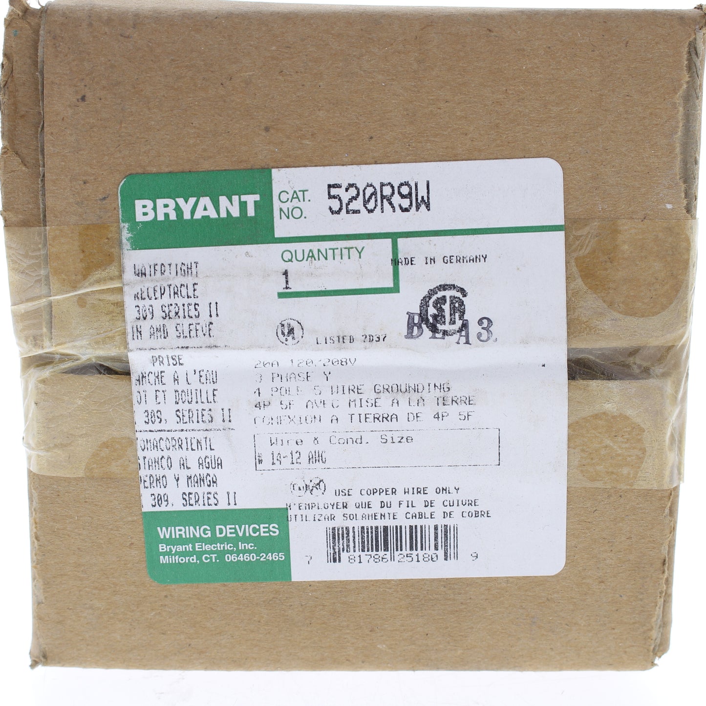 Bryant Watertight Pin & Sleeve Receptacle 20A 120/208V 3ØY Outlet 4P5W 520R9W