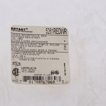 Bryant Red Industrial Single Receptacle Weather Resistant 15A 125V 5261RedWR