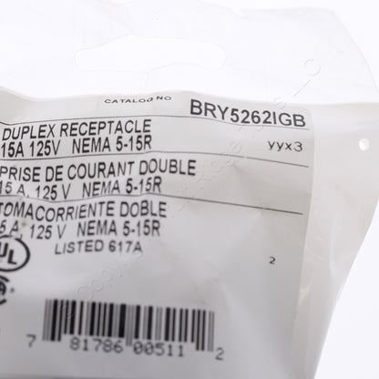 Bryant Brown Isolated Ground Industrial Receptacle Duplex Outlet 15A 5262IGB