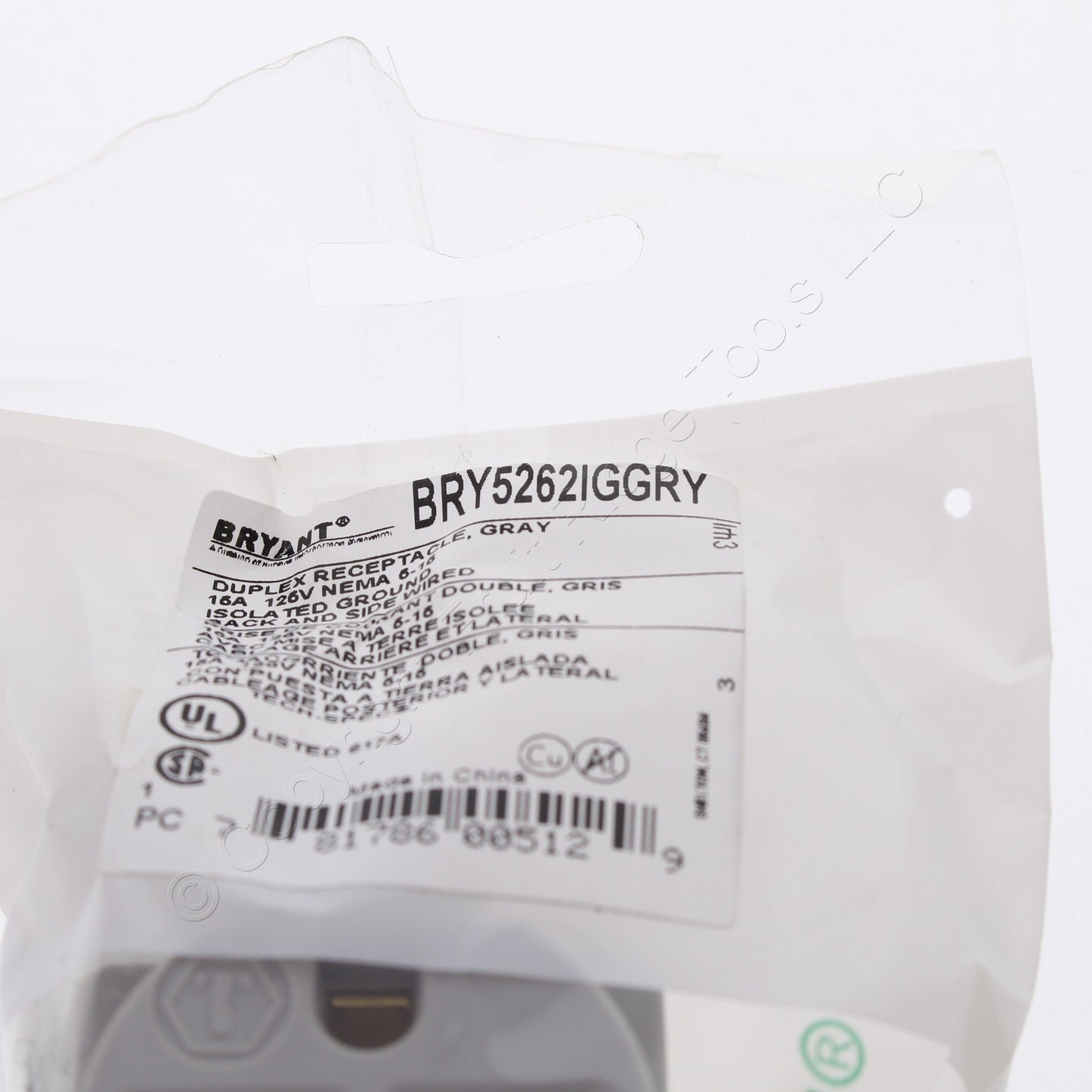 Bryant Gray Isolated Ground Industrial Receptacle Duplex Outlet 15A 5262IGGY