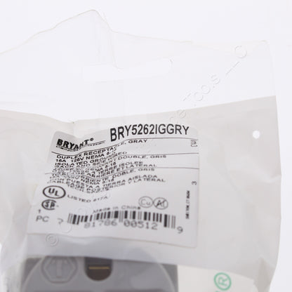 Bryant Gray Isolated Ground Industrial Receptacle Duplex Outlet 15A 5262IGGY
