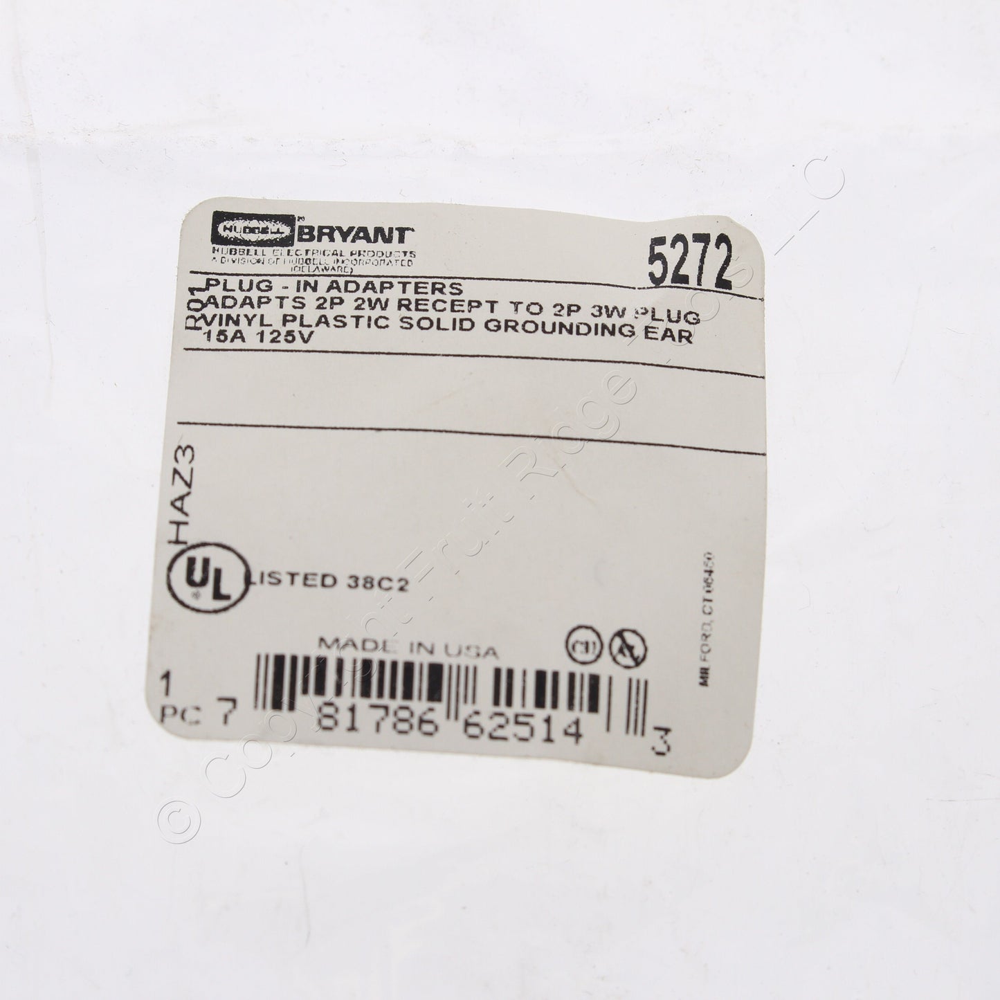Bryant/Hubbell Plug-In 3-Prong Grounding Adapter 15A 125V 5272