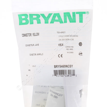 Bryant 5469NCSY Industrial Yellow Straight Blade 20A Connector 250V NEMA 6-20R