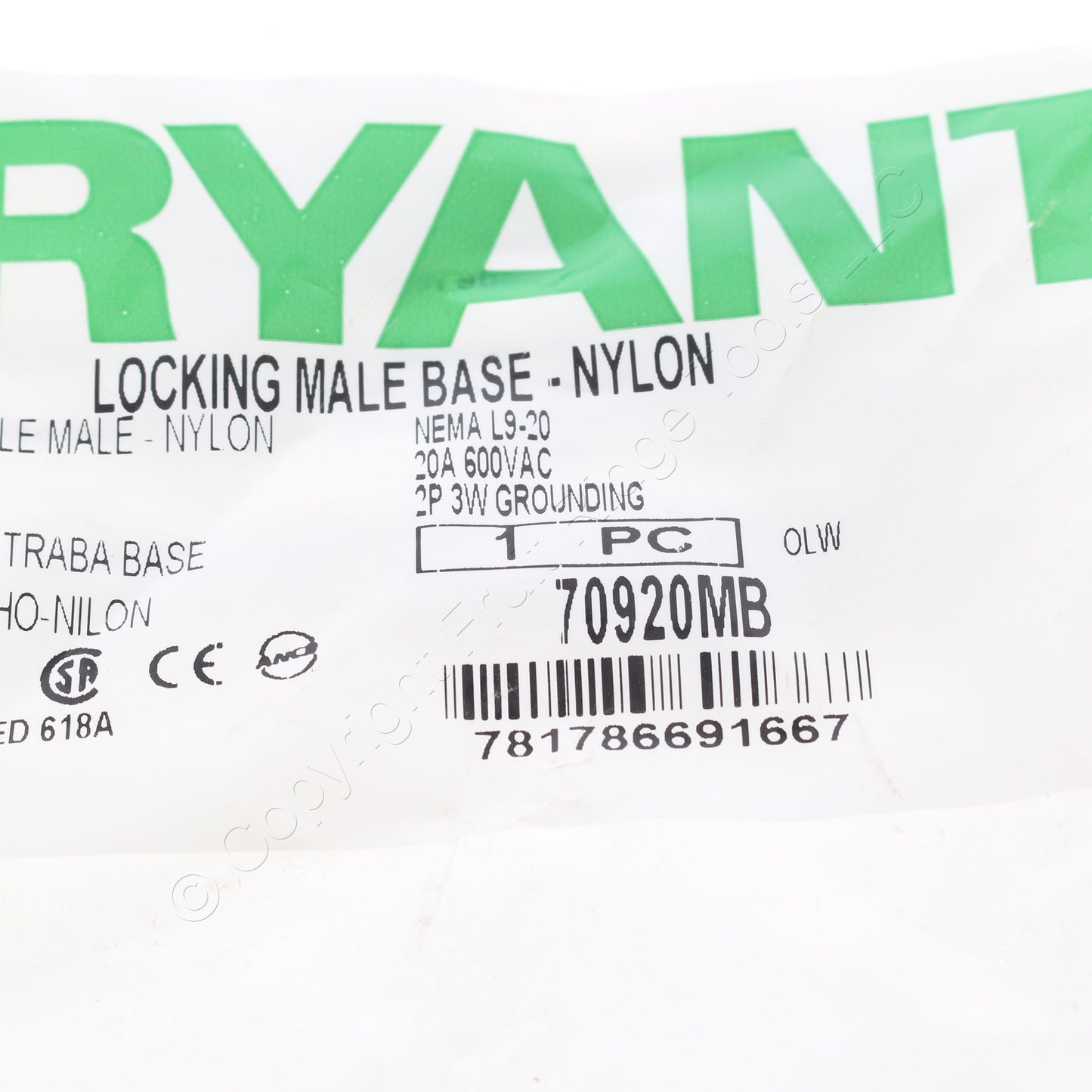 Bryant L9-20 Locking Flanged Inlet L9-20P Motor Base Plug 20A 600V 70920MB