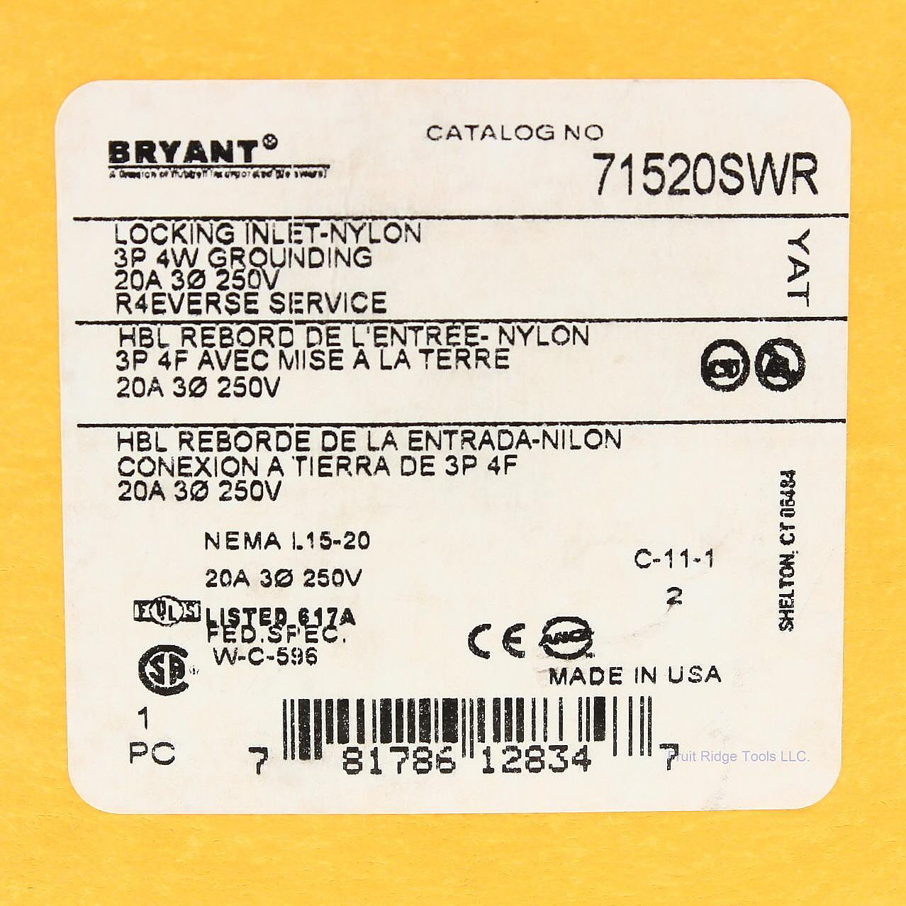 Bryant 71520SWR 20A Locking Flanged Inlet Reverse Service +Cover L15-20P 250V