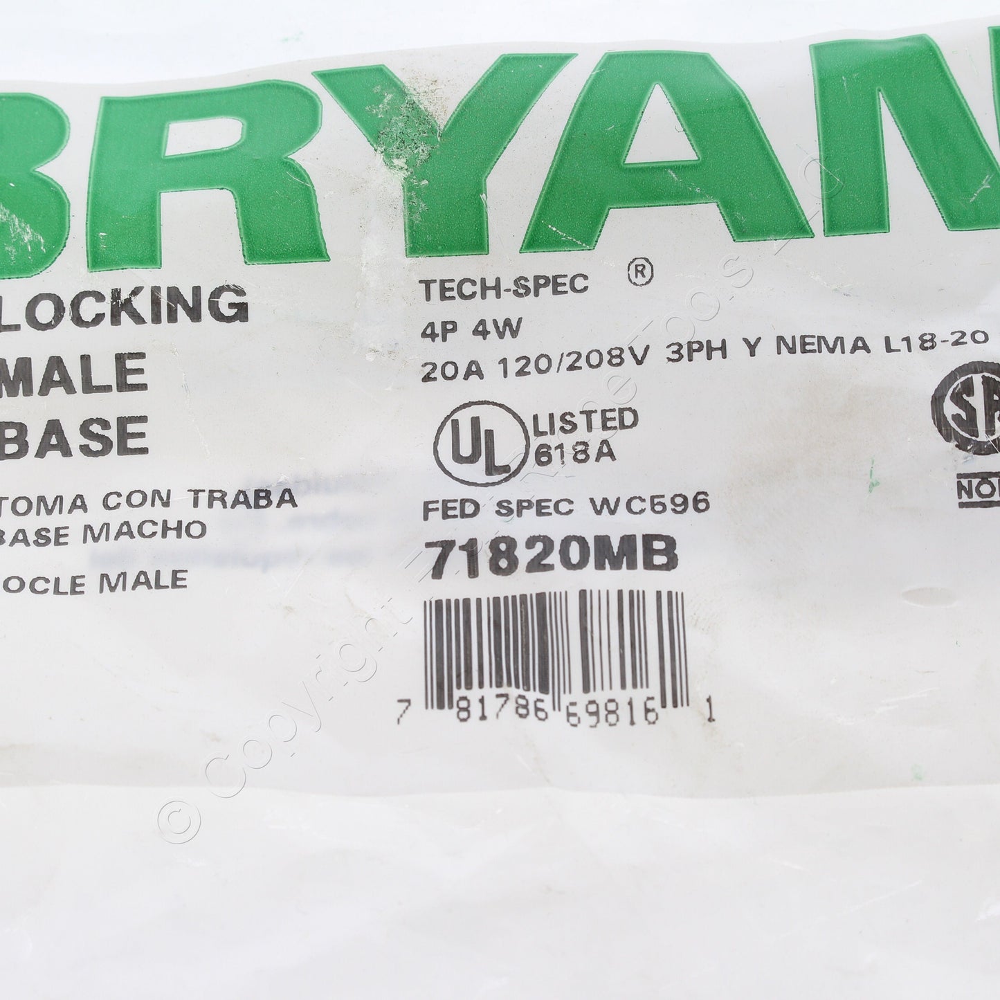 Bryant Twist Locking Flanged Inlet Plug L18-20P 20A 120/208V 3�Y Boxed 71820MB