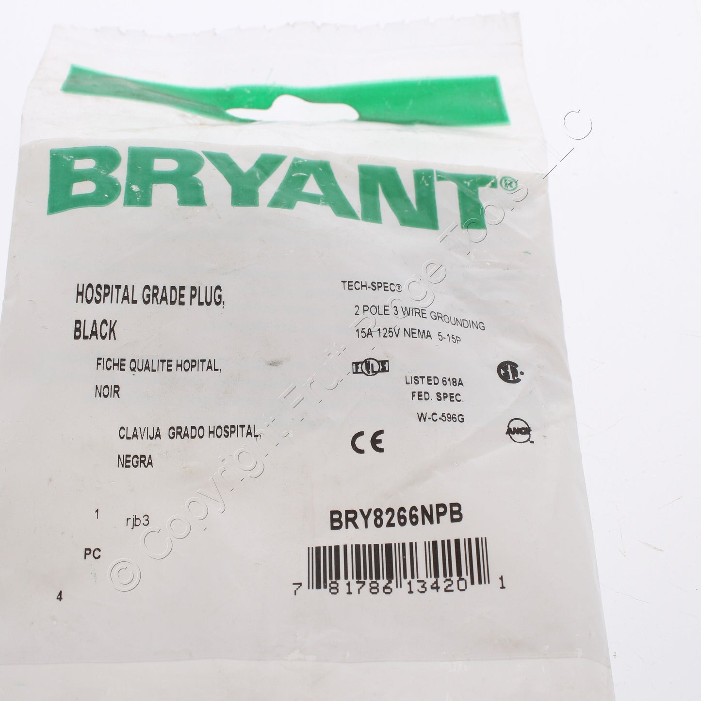 Bryant Hospital Grade Straight Blade Plug Nema 5-15P 15A 125V All Black 8266NPB