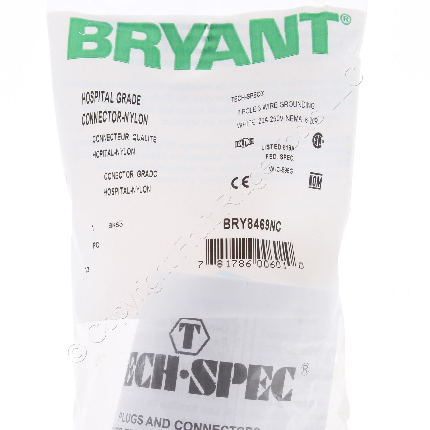 Bryant White Hospital Grade Straight Blade Connector Plug 20A 250V 6-20R 8469NC