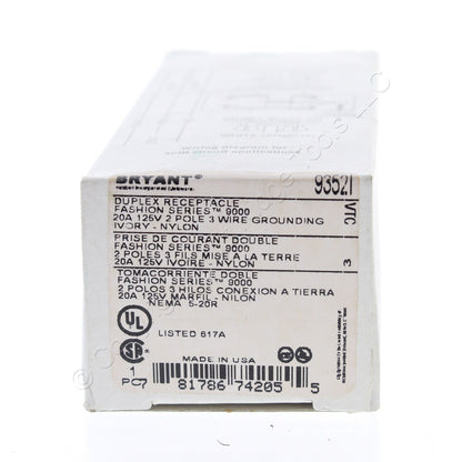 Bryant/Hubbell Ivory Industrial Grade Duplex Outlet Receptacle 20A 125V 9352I