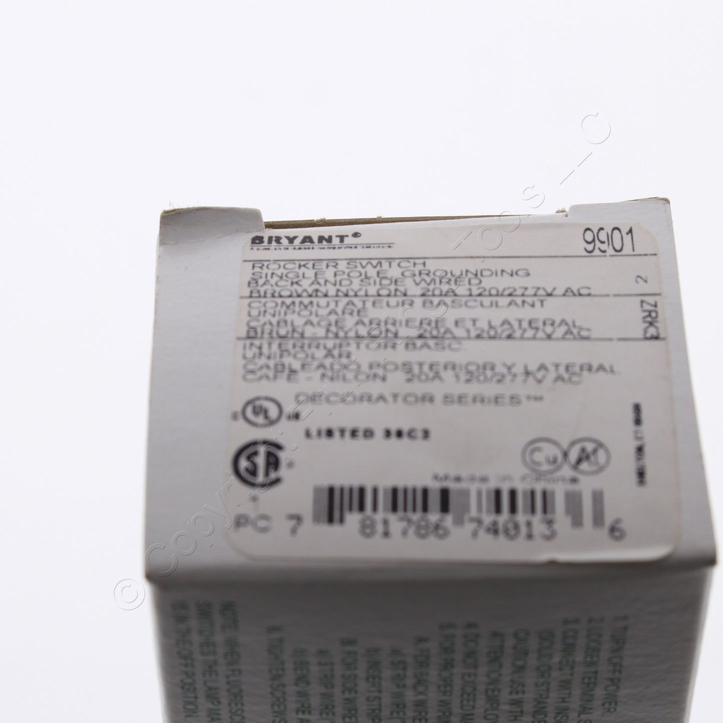 Hubbell Bryant 9901 Brown Industrial Rocker Switch 20A Single Pole 120/277V