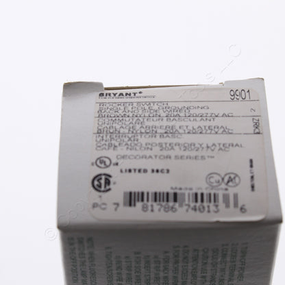 Hubbell Bryant 9901 Brown Industrial Rocker Switch 20A Single Pole 120/277V