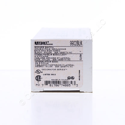 Hubbell Bryant 9902BLK Black Industrial Rocker Switch Double Pole 20A 120/277V