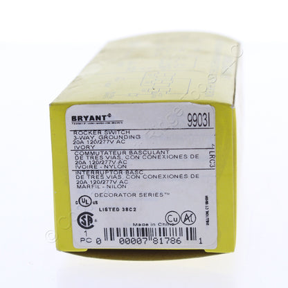 Hubbell Bryant 9903I Ivory Industrial Rocker Light Switch 20A 3-Way 120/277V