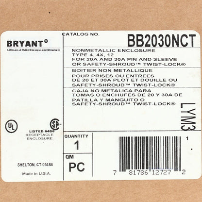 Bryant/Hubbell Backbox for 20A 30A IEC Pin & Sleeve Receptacle/Inlet BB2030NCT