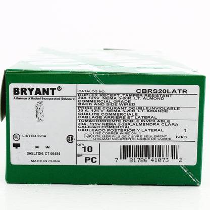 Bryant CBRS20LATR Lt Almond Commercial Tamper Resistant 5-20R Receptacles 10pcs
