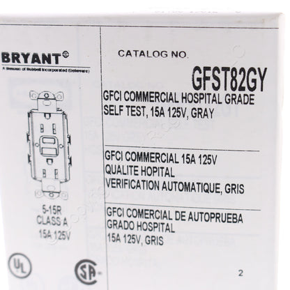 Bryant Gray Hospital Grade Self-Test Gfci Receptacle Duplex Outlet 15A GFST82GY