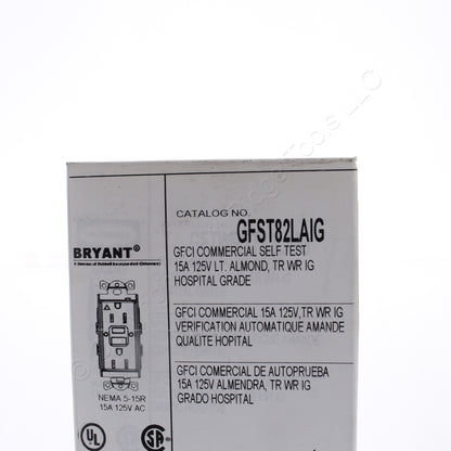 Bryant GFST82LAIG Lt Almond Hospital ISO GND SelfTest GFCI Receptacle Outlet 15A