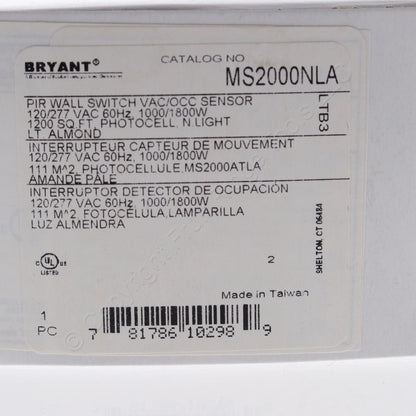 Bryant MS2000NLA Lt Almond Occupancy Sensor Switch Night Light 120/277V 180� PIR