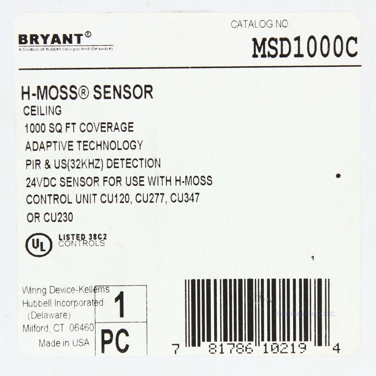 Bryant MSD1000C Occupancy Ceiling Sensor Adaptive PIR/US 1000ft� 24VDC 180�