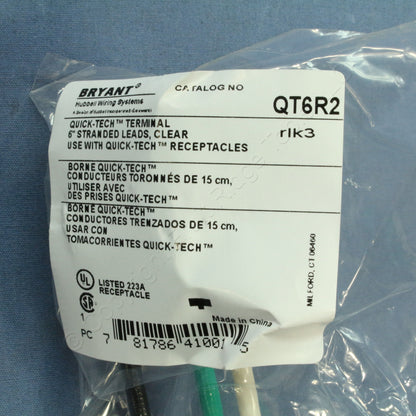 Bryant Quick-Tech Receptacle Pigtail Wiring Harness 6" Leads QT6R2