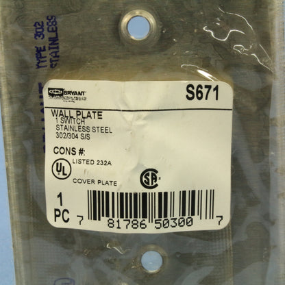 Bryant Non-Magnetic Stainless Steel 1-Gang Toggle Switch Cover Wallplate S671