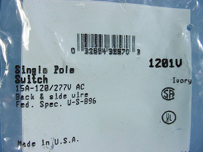 Cooper 1201V Ivory Industrial Toggle Wall Light Switch Single Pole 15A 120/277V
