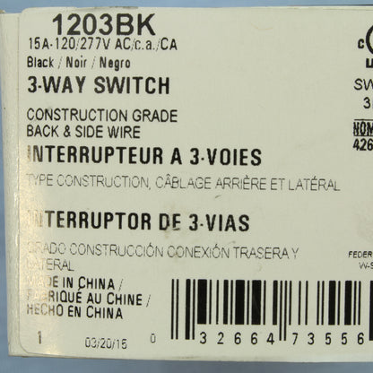 Cooper 1203BK Black Commercial Grade 3-Way Toggle Light Switch 15A 120/277V B&S