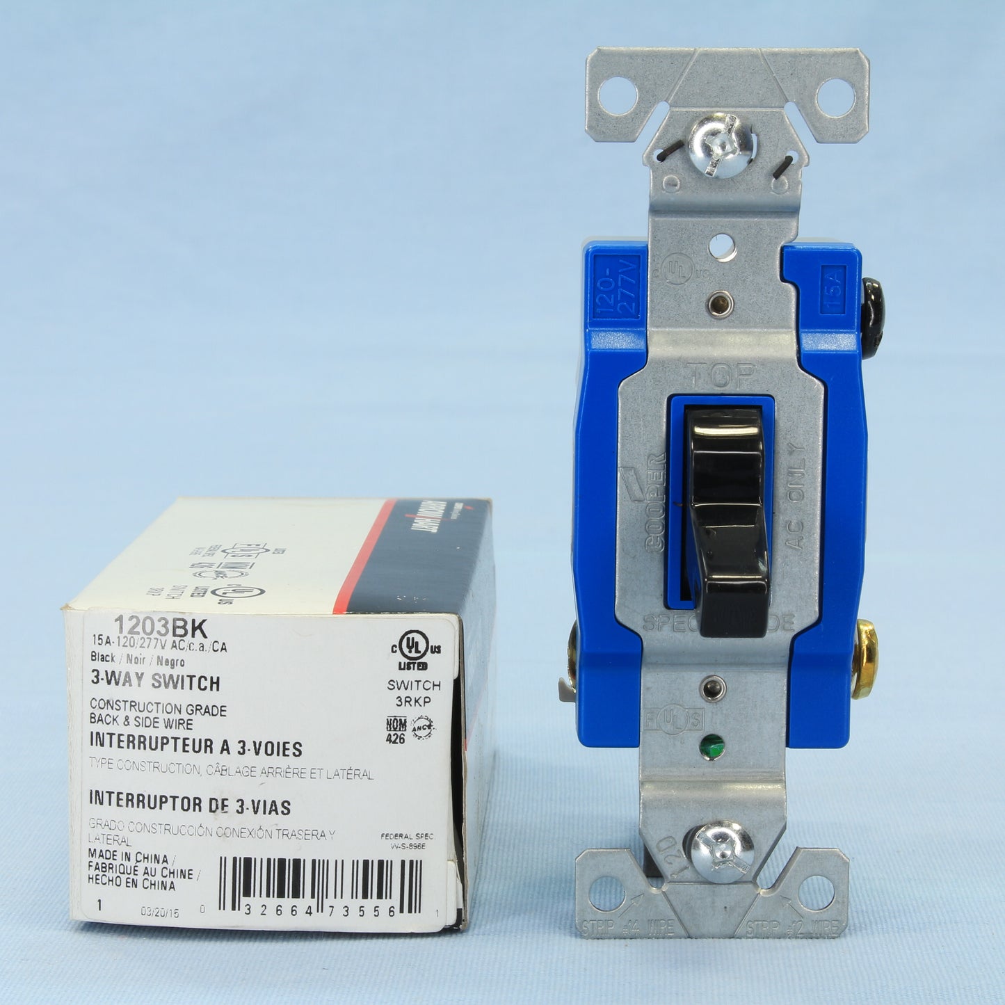 Cooper 1203BK Black Commercial Grade 3-Way Toggle Light Switch 15A 120/277V B&S