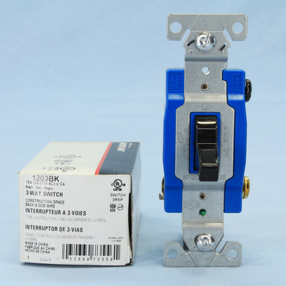 Cooper 1203BK Black Commercial Grade 3-Way Toggle Light Switch 15A 120/277V B&S
