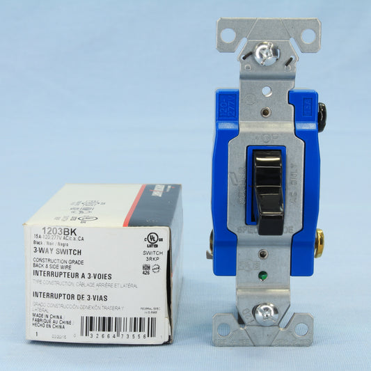 Cooper 1203BK Black Commercial Grade 3-Way Toggle Light Switch 15A 120/277V B&S