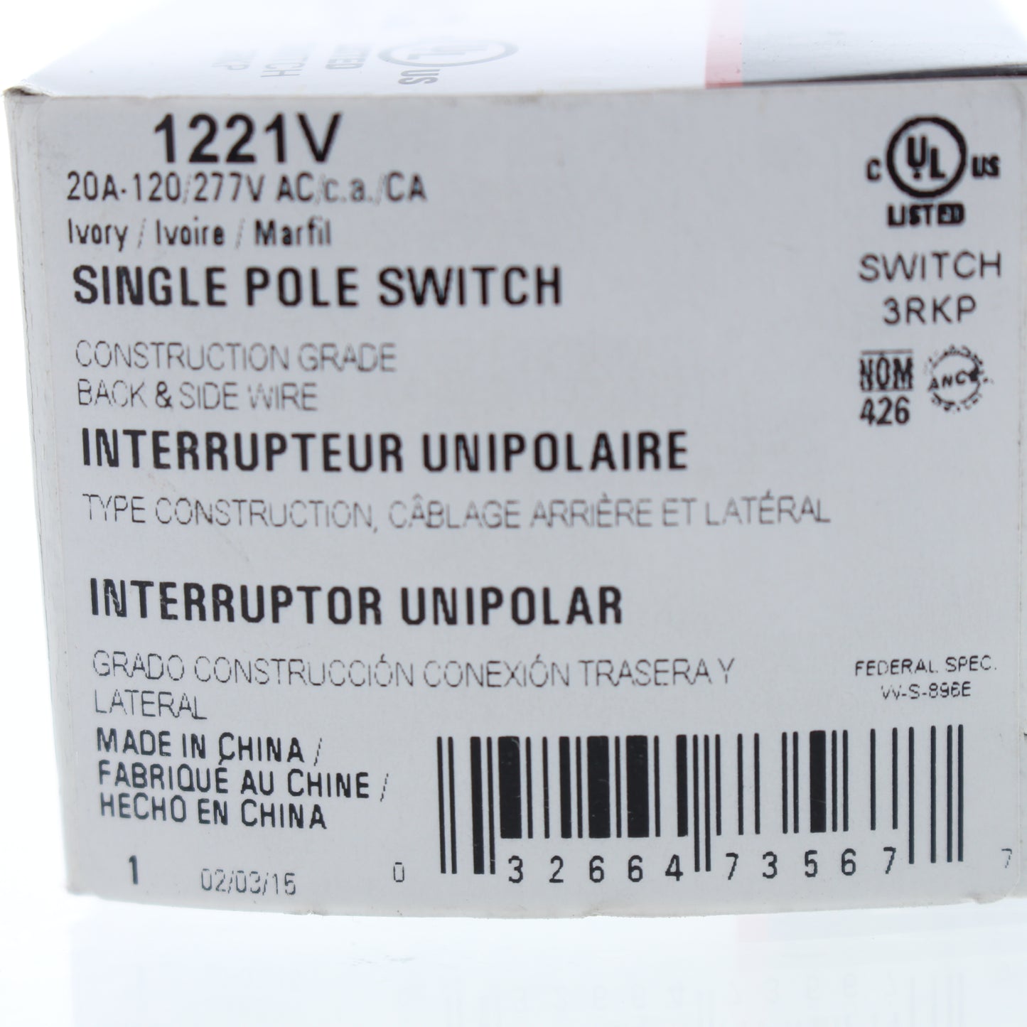 Cooper 1221V Ivory Industrial Grade Single Pole AC Toggle Wall Light Switch 20A