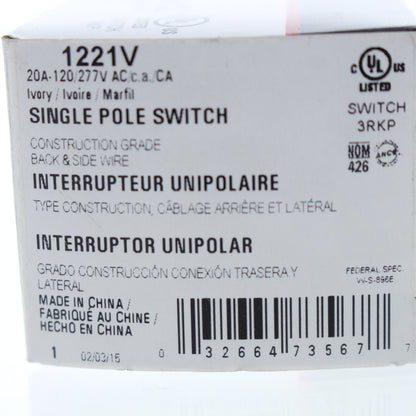 Cooper 1221V Ivory Industrial Grade Single Pole AC Toggle Wall Light Switch 20A