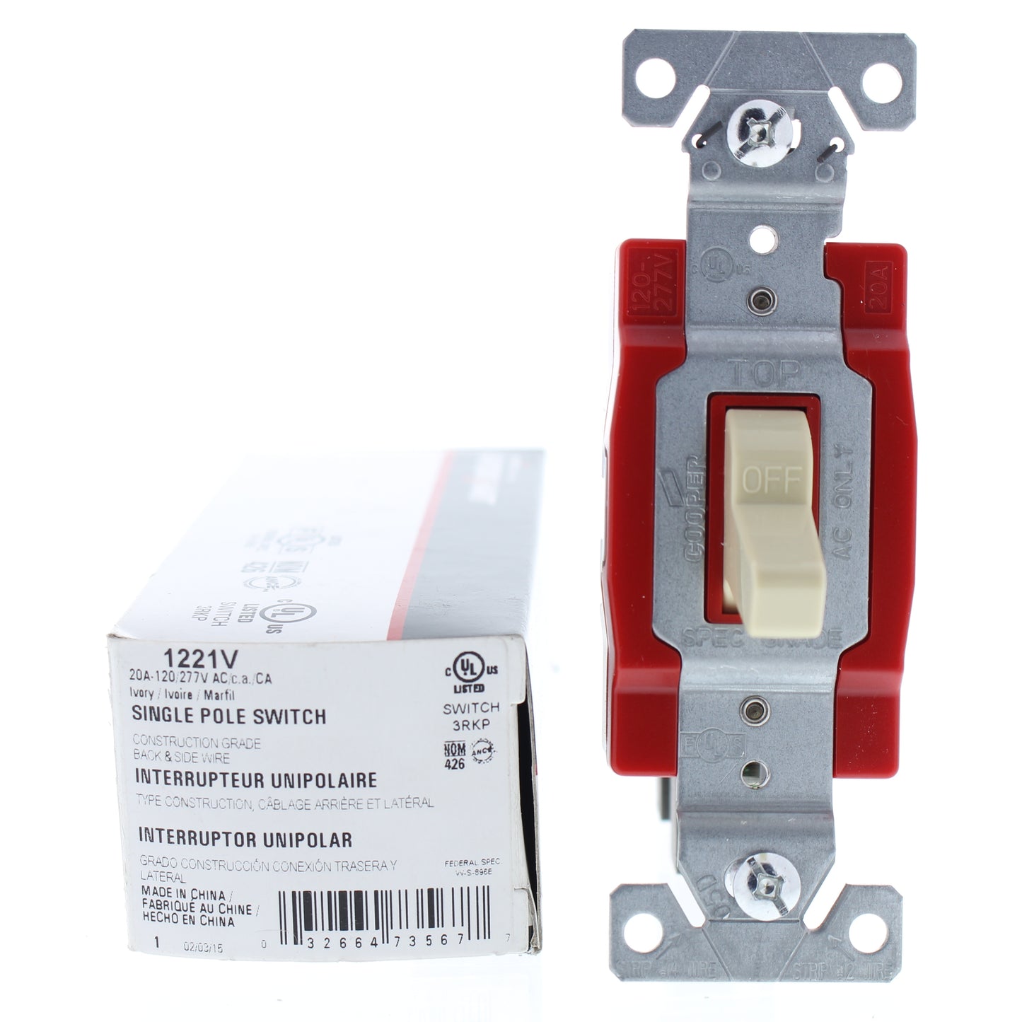 Cooper 1221V Ivory Industrial Grade Single Pole AC Toggle Wall Light Switch 20A