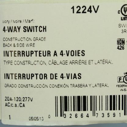 Cooper 1224V 4-Way Ivory Industrial Grade Toggle Switch 20A Back & Side Wired