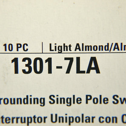 Cooper 1301-7LA Lt Almond Toggle Wall Light Switches Single Pole 15A 10-Pack