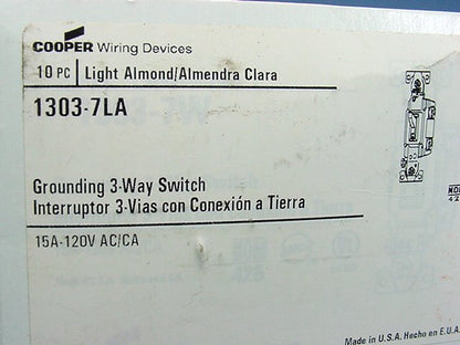 Cooper 1303-7LA Light Almond Toggle Wall Light Switches 3-Way 15A 120V 10-Pack