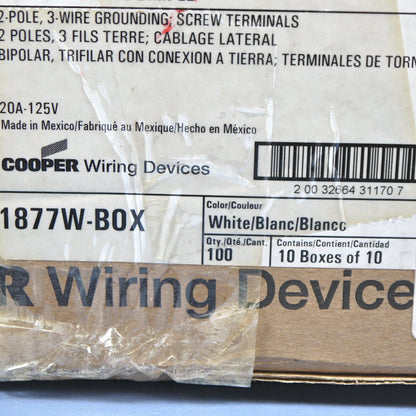 100 Cooper White Commercial Single Outlet Receptacles Nema 5-20R 20A 125V 1877W