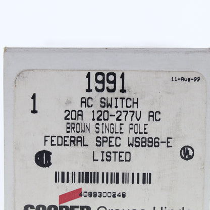 Cooper 1991 Brown Specification Grade Toggle Wall Light Switch 20A 120/277V