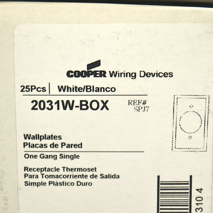 Cooper 2031W White 1-Gang 1.406in. Outlet Plastic Mid-Size Wallplate Cover 25pcs