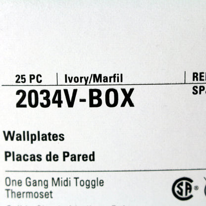 Cooper 2034V Ivory 1-Gang Toggle Switch Mid-Size Cover Thermoset Wallplate 25pcs