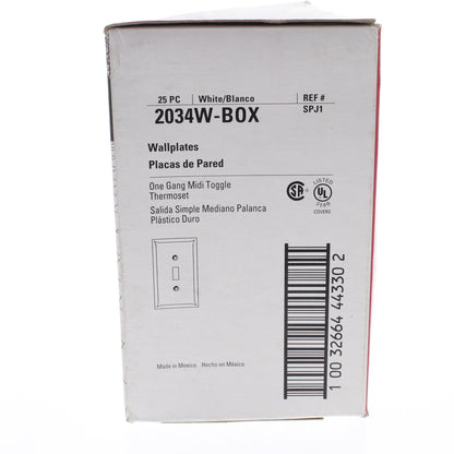 Cooper 2034W White Large Toggle Switch Covers Wallplates Thermoset 25-Pack