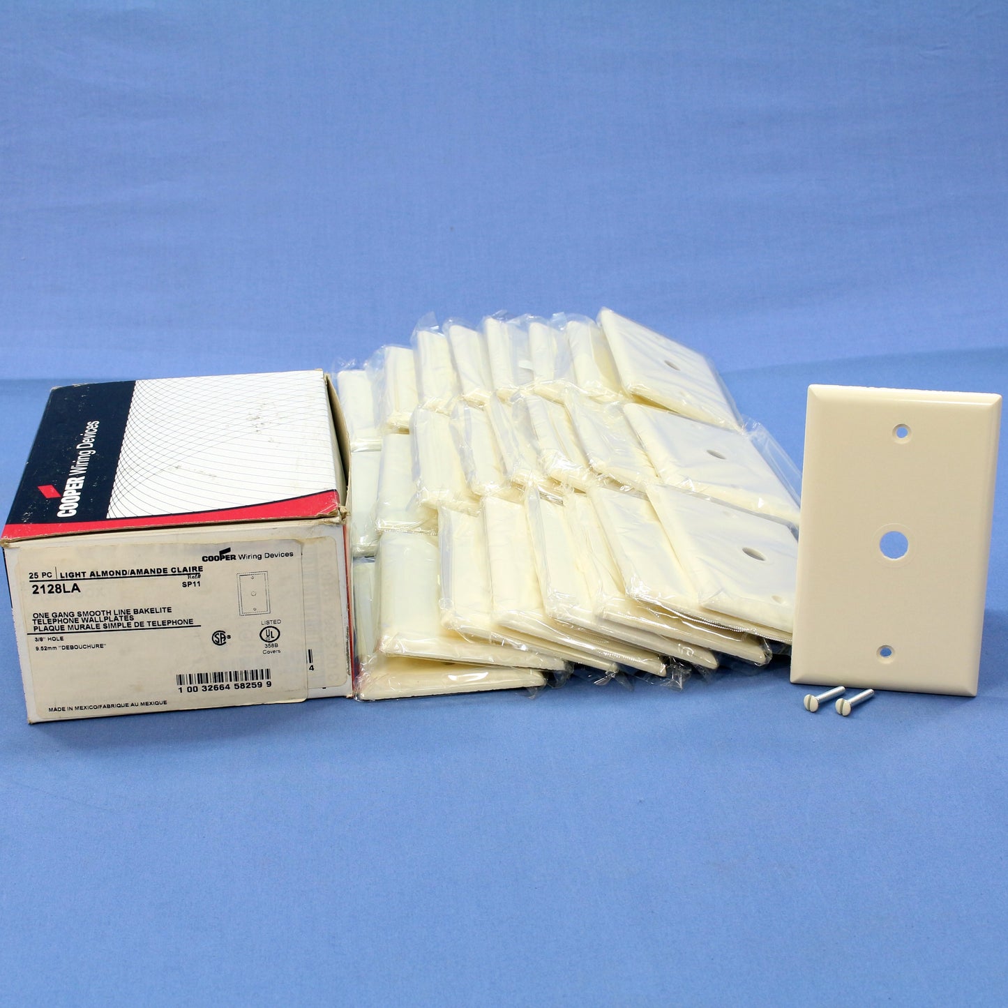 Cooper 2128LA Light Almond Phone Cable Wallplate Thermoset 0.375" Hole 25-Pack
