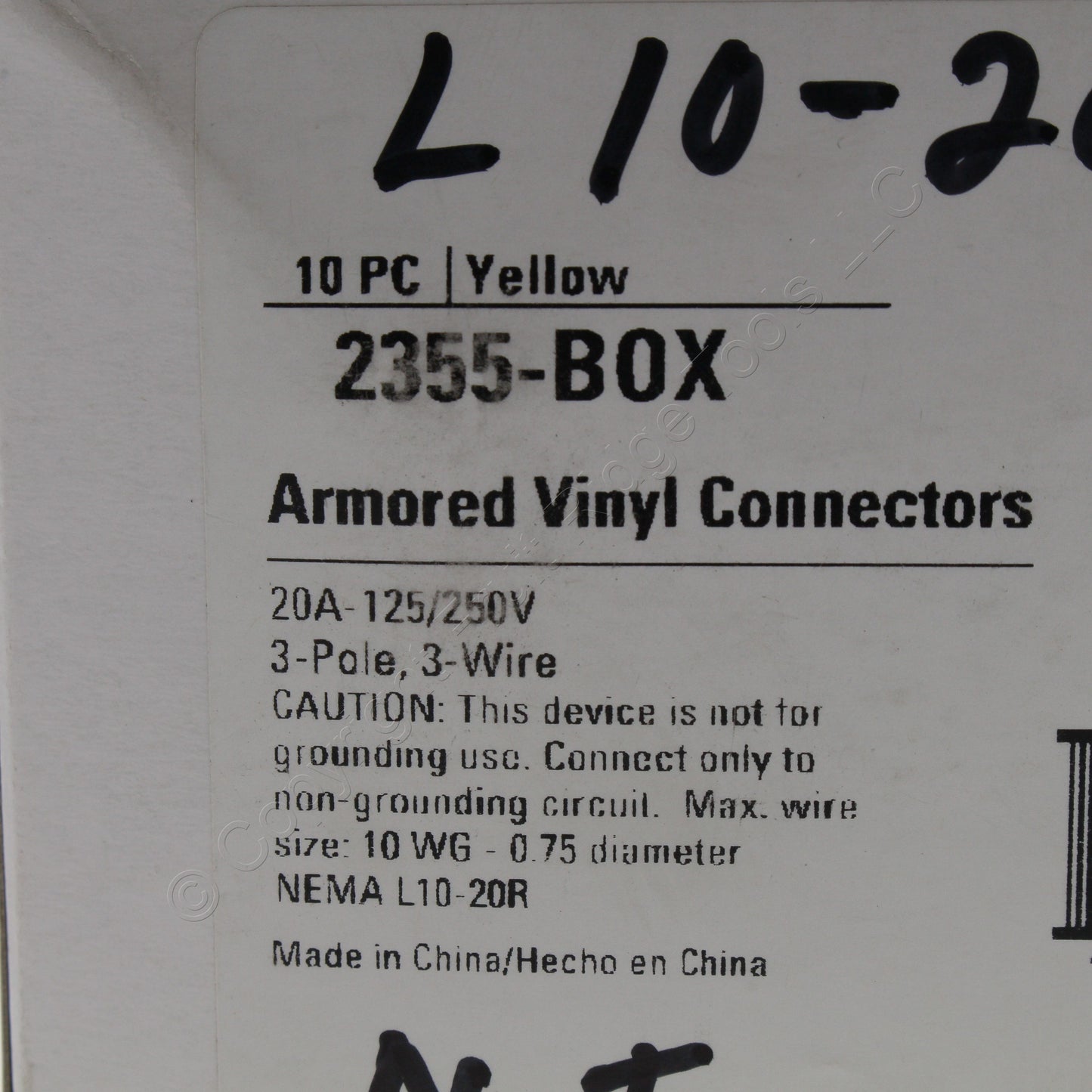 10 Cooper Yellow Armored Nylon Connectors L10-20 20A 125/250V 3-Pole 3-Wire 2355