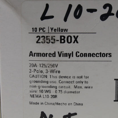 10 Cooper Yellow Armored Nylon Connectors L10-20 20A 125/250V 3-Pole 3-Wire 2355