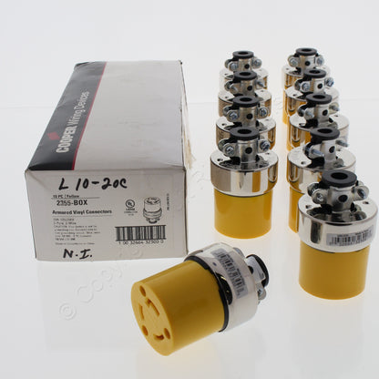 10 Cooper Yellow Armored Nylon Connectors L10-20 20A 125/250V 3-Pole 3-Wire 2355
