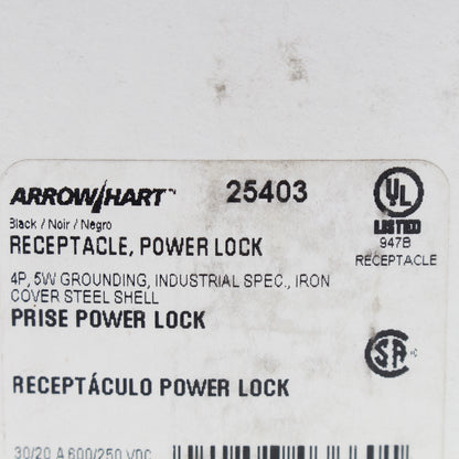 Cooper 25403 Blue Industrial CastIron Powerlock 30A/600VAC 20A/250VDC Receptacle