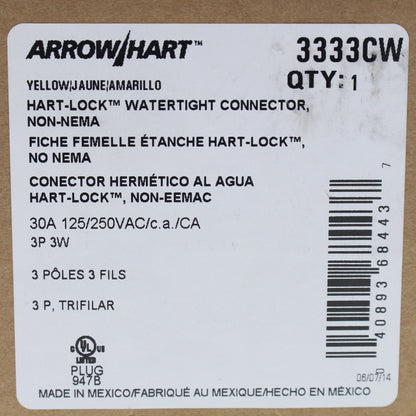 Cooper 3333CW Yellow Watertight Thermoplastic Locking Connector 30A 125/250V