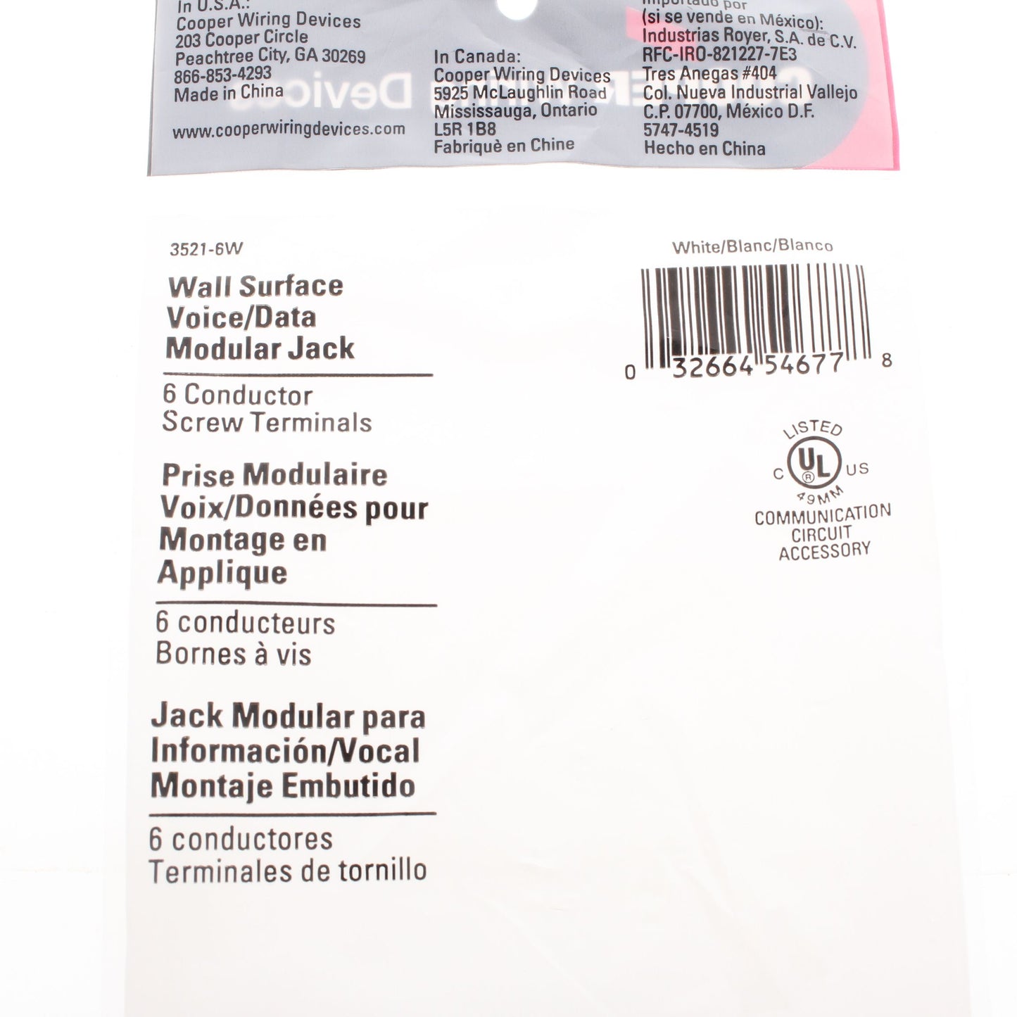 Cooper 3521-6W White 1-Gang 6-Conductor Phone Jack Wall Mounting Plate Type 630A