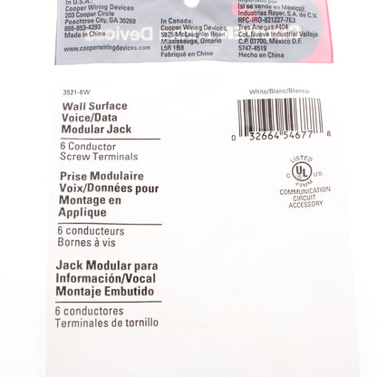 Cooper 3521-6W White 1-Gang 6-Conductor Phone Jack Wall Mounting Plate Type 630A